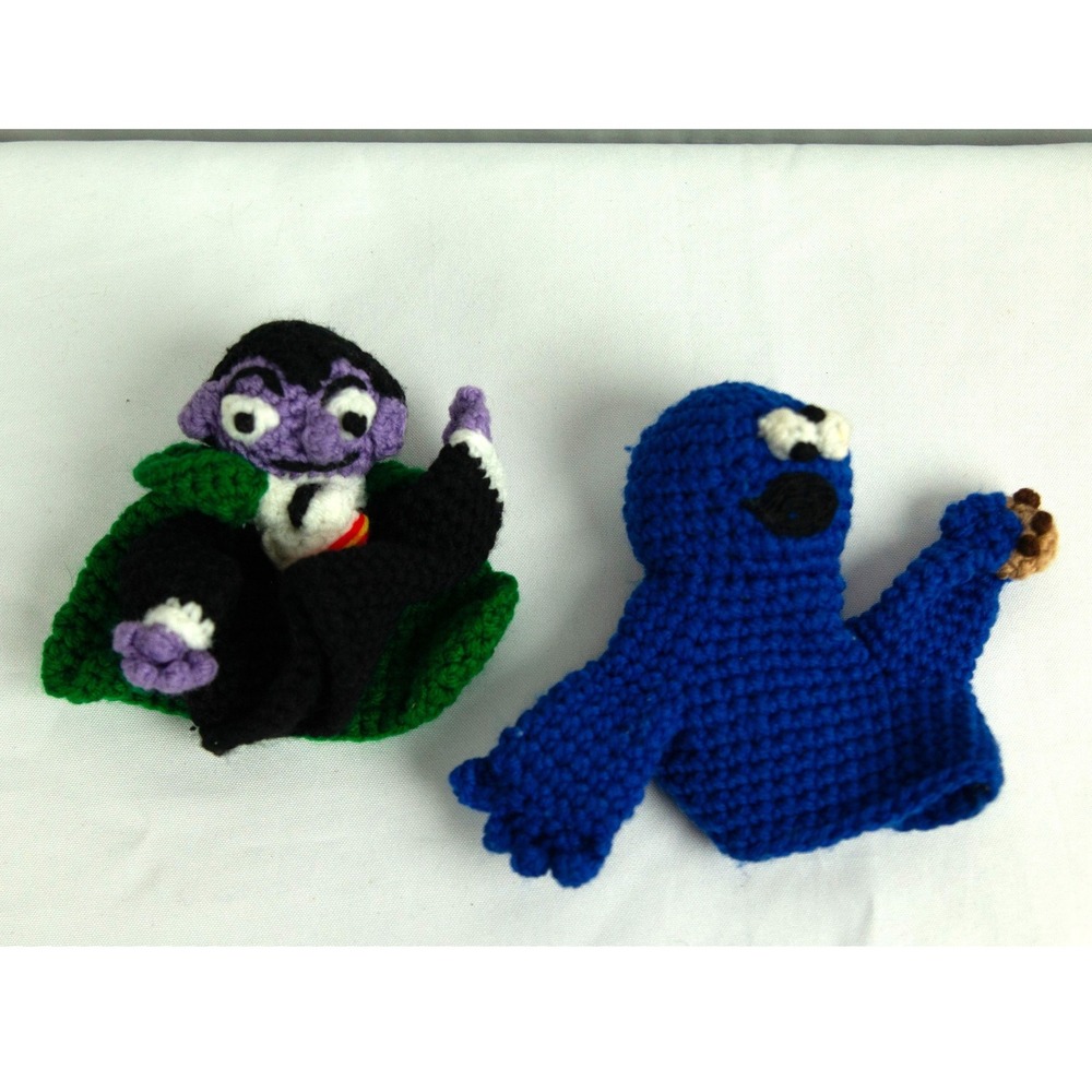Handmade Crochet Finger Puppets Count von Count and Cookie Monster Set of 2